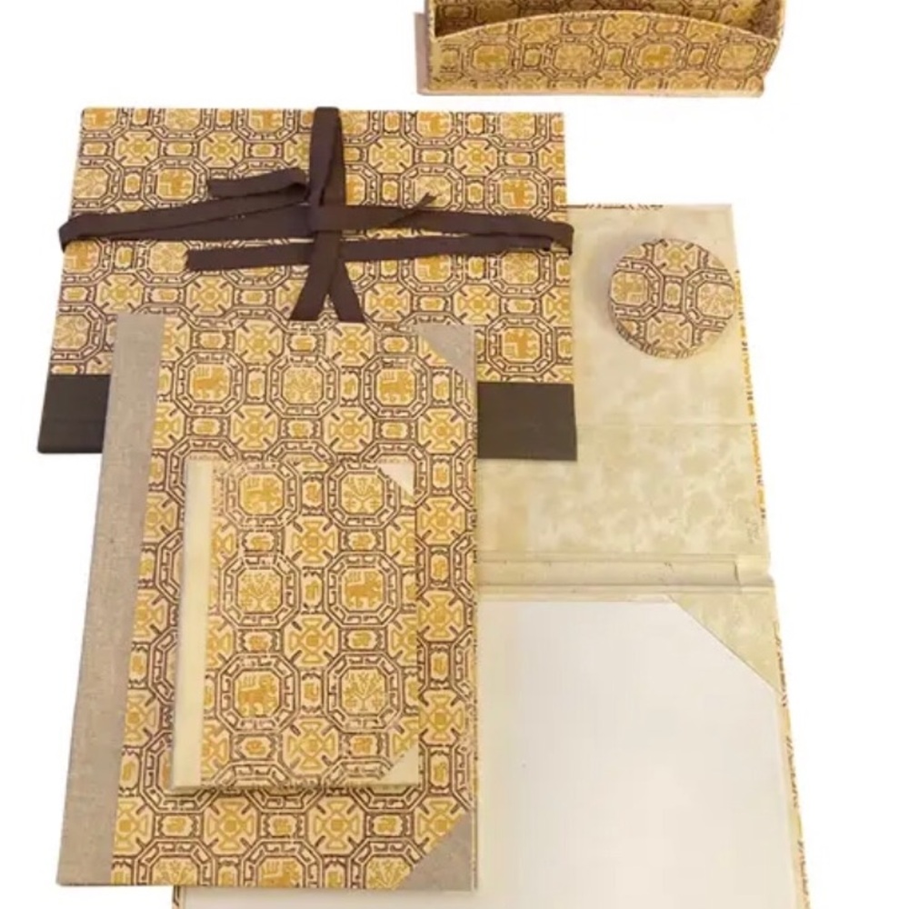 Vintage Italian handmade medieval pattern paper desktop accessories, six pieces